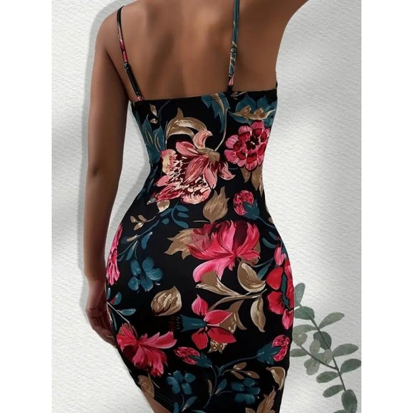 Sexy Floral Bodycon Dress Spaghetti Strap Backless Multicolor Mini Black Pink - Picture 5 of 6